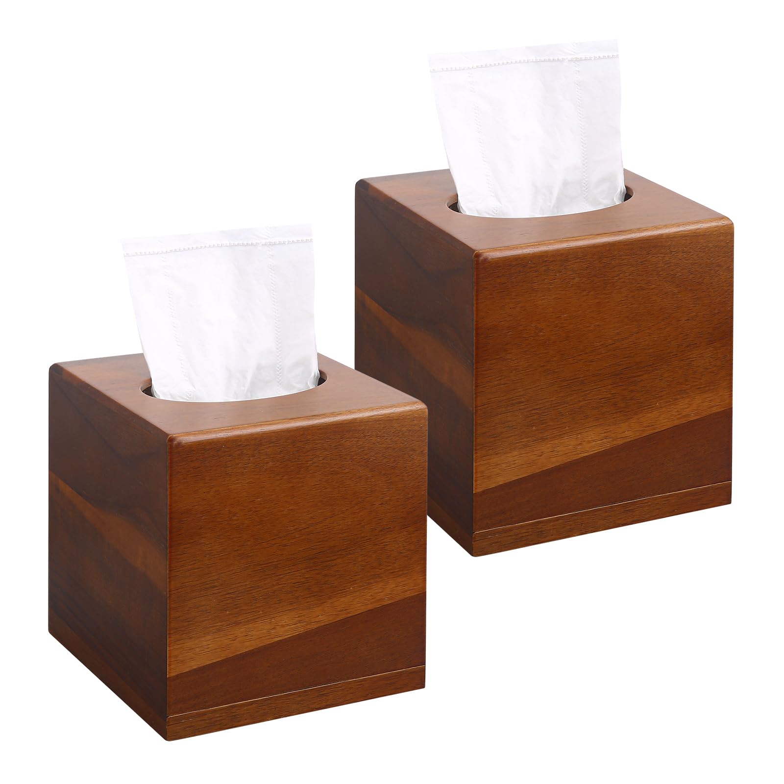 2 Pack Wooden Tissue Box Cover Square - Acacia Wood Tissue Box Holder for Tabletop Stands Bathroom Office- Decorative Facial Wood Tissue Box Cover for Modern Farmhouse Decor (Walnut)