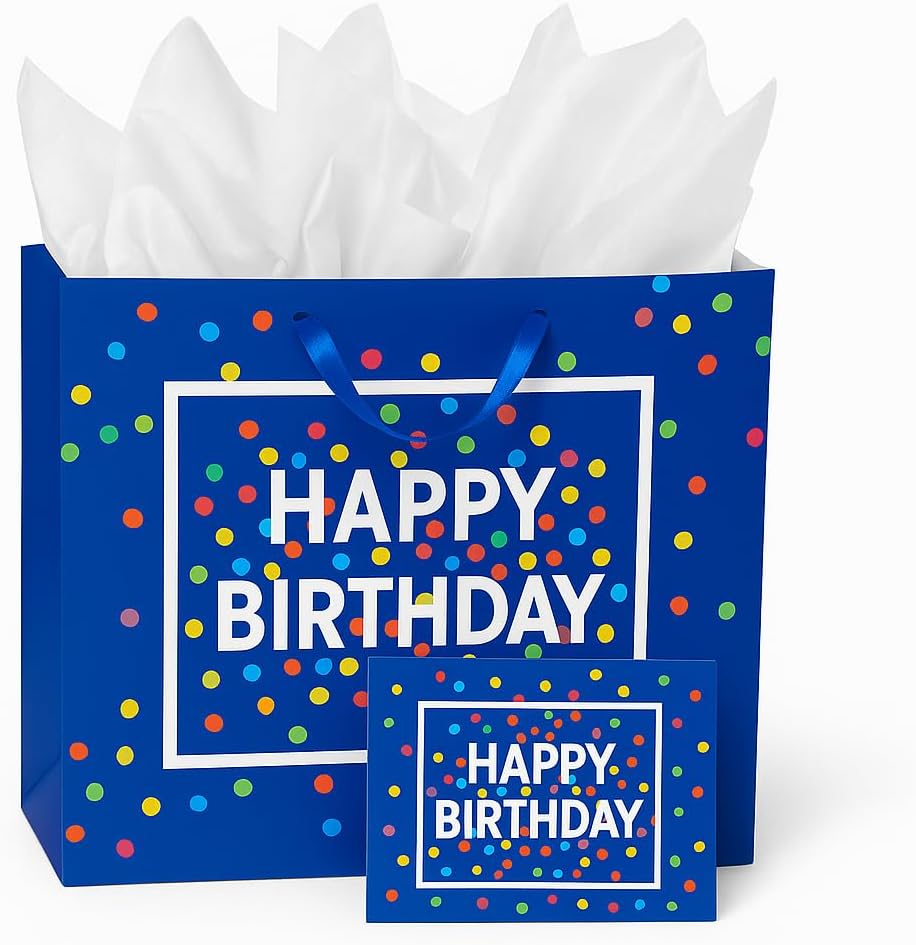 Shimmer Anna Shine "Happy Birthday Large Gift Bag Set – 13? Navy Bag with Rainbow Confetti, Tissue & Matching Card – Ready-to-Gift Birthday Packaging