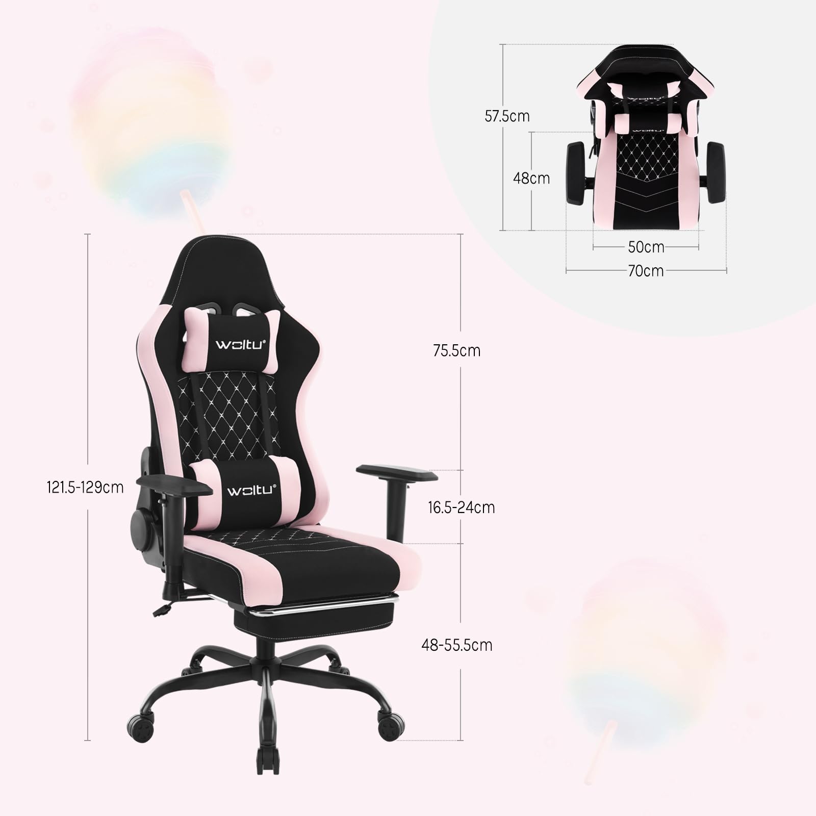 WOLTU Chaise Gaming, Chaise Bureau Massante, Fauteuil Ergonomique avec Coussin Lombaire Massant, Siège Large à Ressorts, Appui-tête, Repose-Pieds, Tissu Maille, Charge 150kg, Noir+Rose