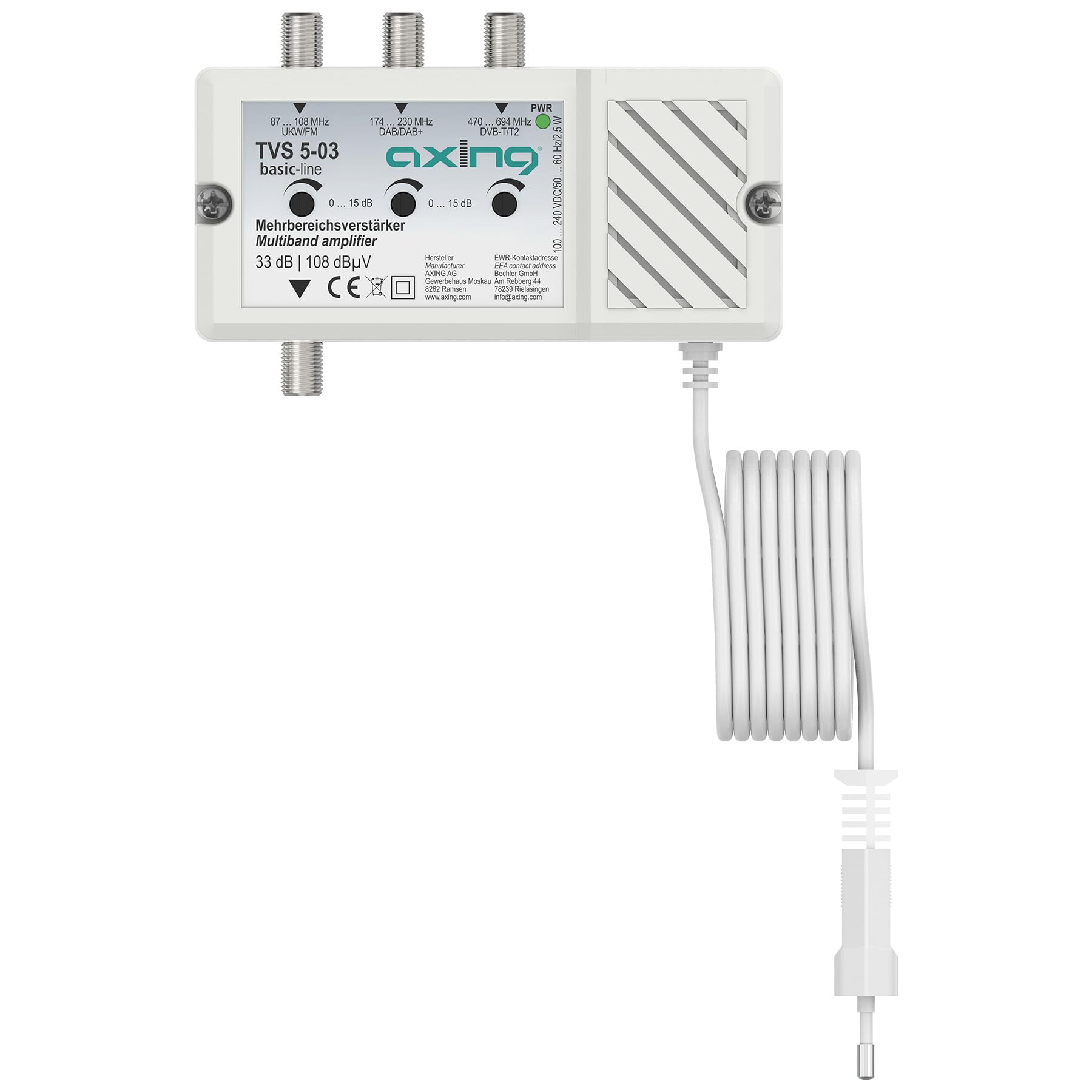 Axing TVS 5-03 Amplificatore MultiGamma 33dB Amplificatore Antenna 3x Radio TV FM DAB+ DVB-T2