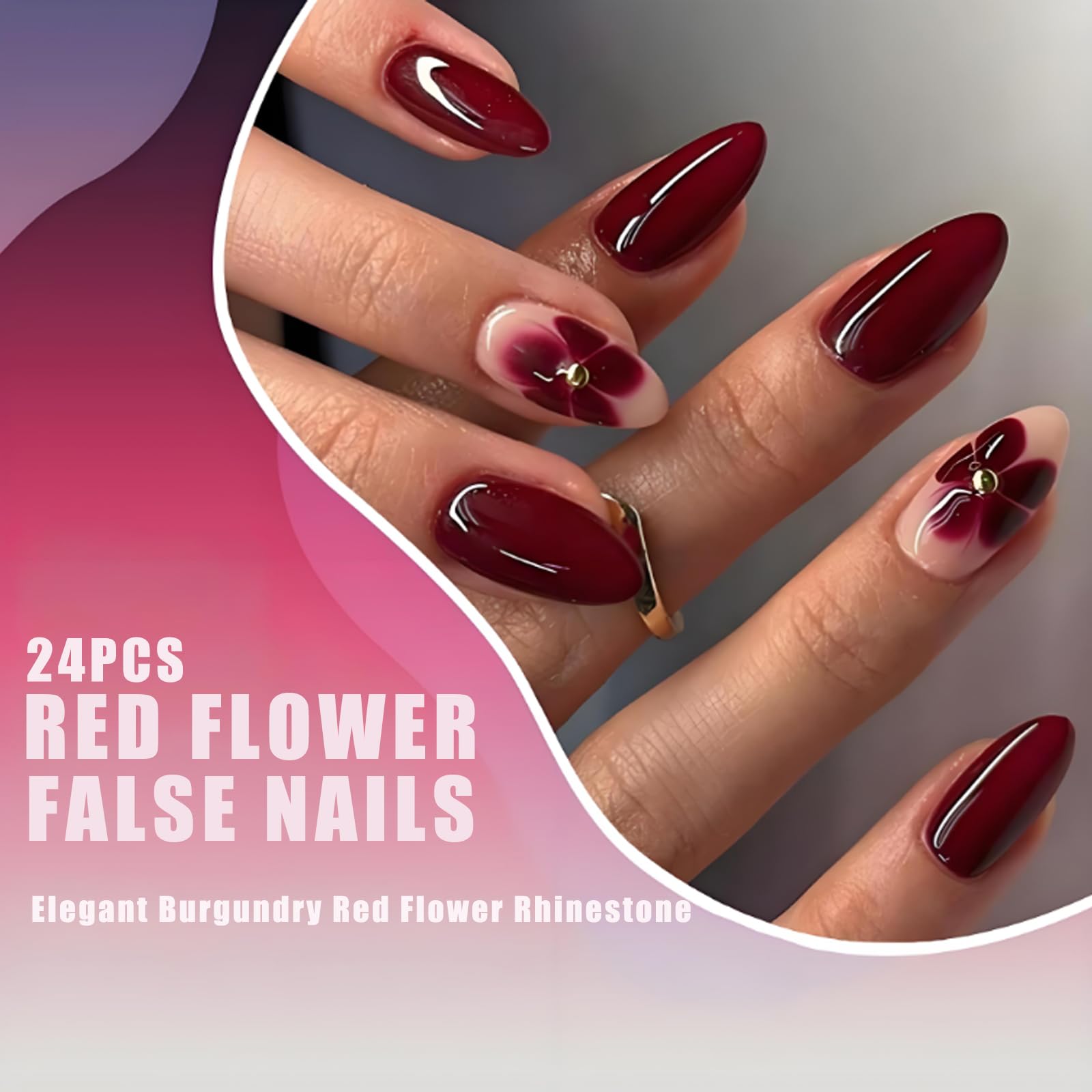 Burgundy Red Stiletto Press On Nails, 24Pcs Glossy Mirror Finish Floral Art Medium Length False Nails Kit for Women Parties - Image 4