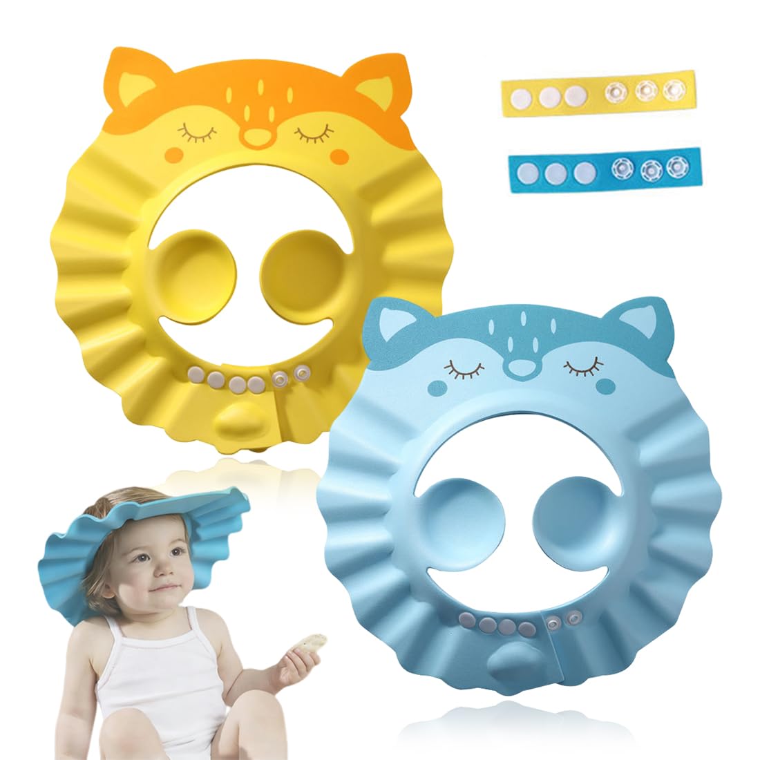 Gorro de Ducha de Bebé Para, Gorro ducha niños, Visera baño niños, Suave Ajustable con Protección para los oídos Gorro de ducha, Evita que los ojos se llenen de Agua y Champú Protege(Azul,Amarillo)