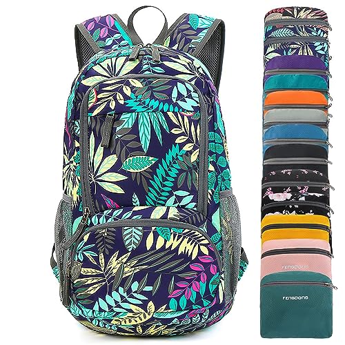 FENGDONG 35L Lightweight Foldable Waterproof Packable Travel Small Hiking Backpack Daypack for men women (A7-Blue Leaf-Upgrade)