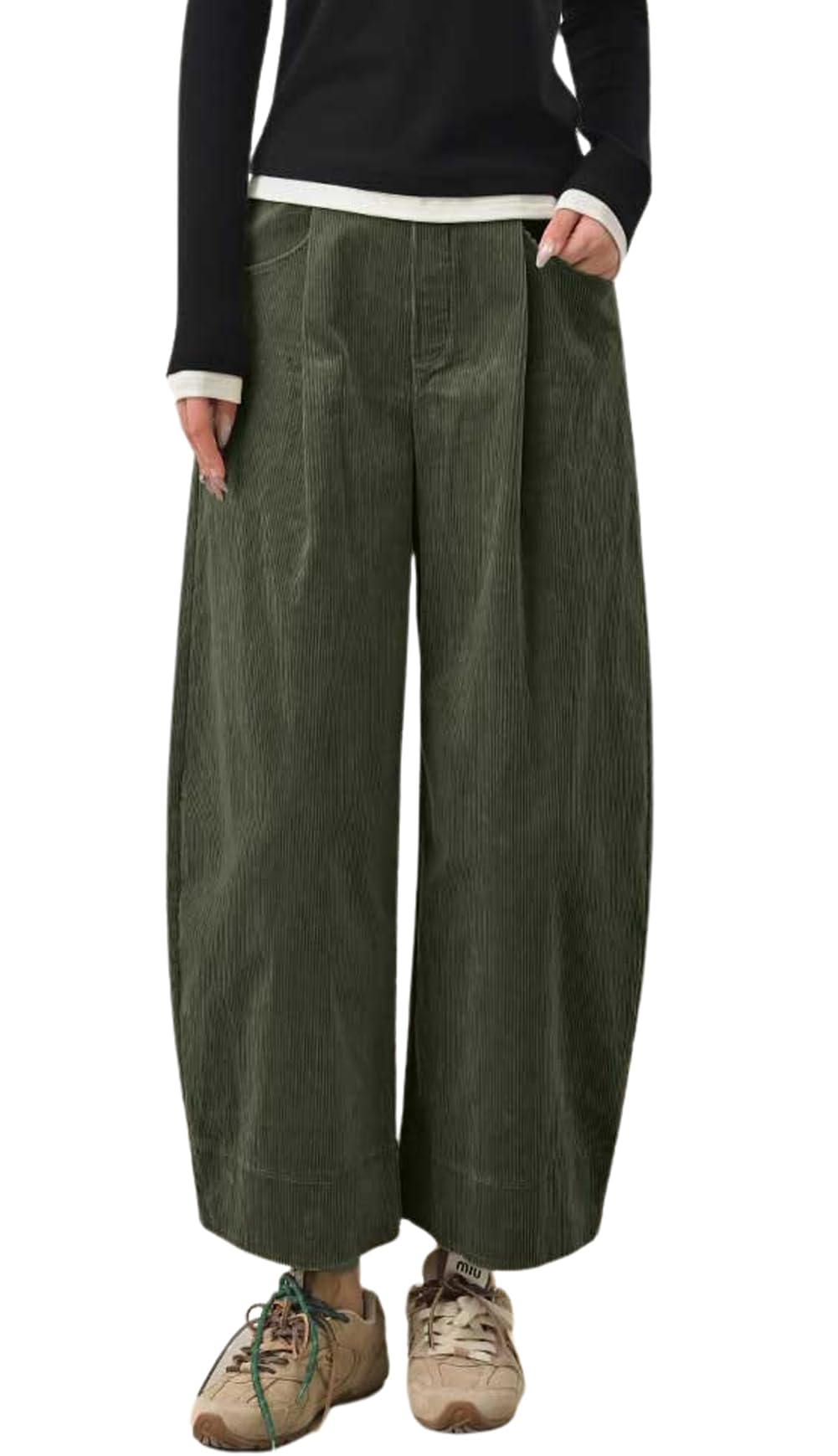 chouyatou Women Fall Wide Leg Corduroy Pants Baggy Casual Elastic Waist Palazzo Barrel Pants Ankle Trousers