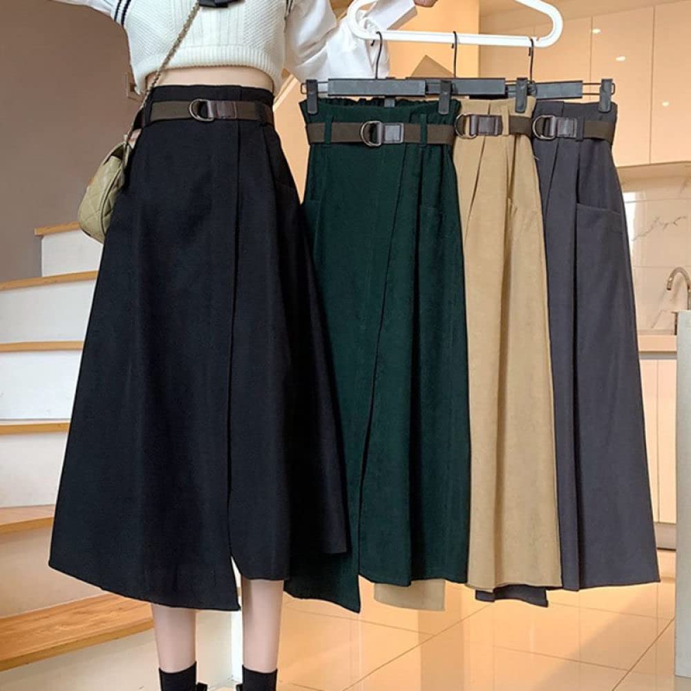 OZEO Gonne,Gonna Midi da Donna Verde Scuro Vita Alta Gonna Ombrello A Fessura Irregolare Tinta Unita con Cintura A-Line Cargo Casual Increspato Gonne Lunghe per Ragazze Donna Autunno Inverno,L