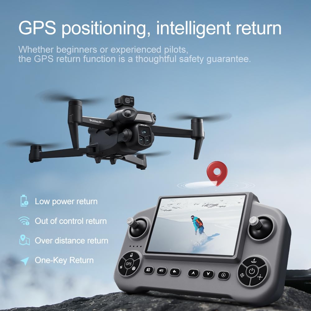 Drone GPS con fotocamera 2K HD, telecomando display 5,1", quadricottero FPV pieghevole per principianti, posizionamento ottico, ritorno con un tasto, evitazione ostacoli, 2 batterie, scheda SD