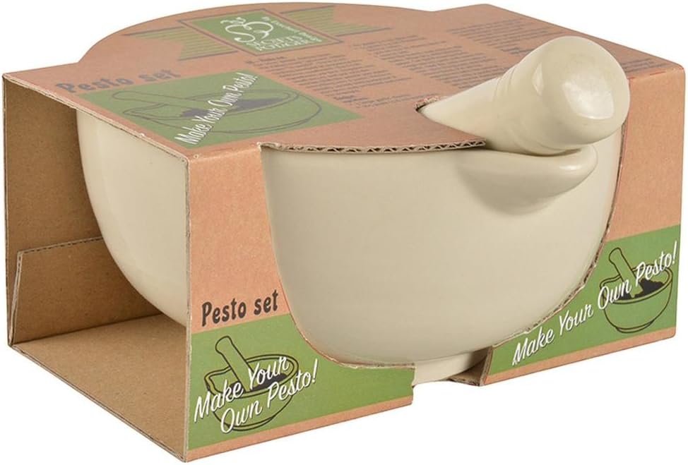 Esschert Design Ceramic Mortar and Pestle With Ingredients Pesto Set, White