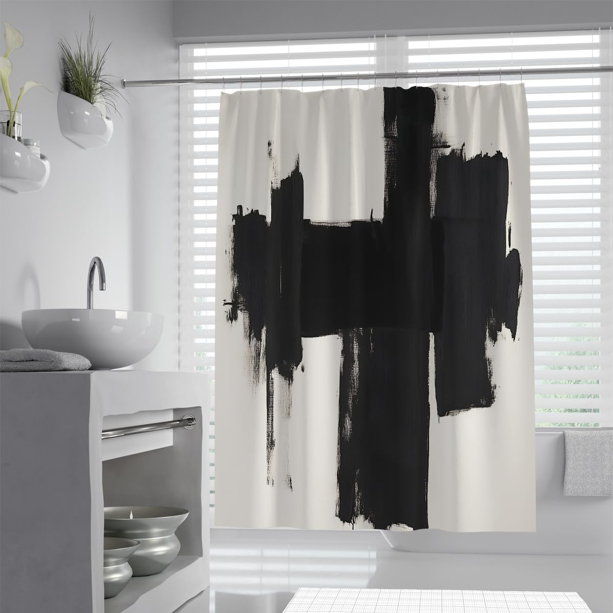 OLLIAR Home Black and White Shower Curtain Abstract Art Modern Minimalist Aesthetic Brush Strokes Style Washable Fabric Bathroom Decor Curtain with Hooks 150x180cm