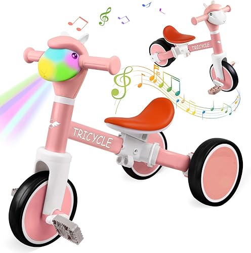 Triciclo para niños pequeños de 1 a 5 años, bicicleta de equilibrio para niños y niñas de 2 a 4 años, triciclo para niños con luz y música frontal,