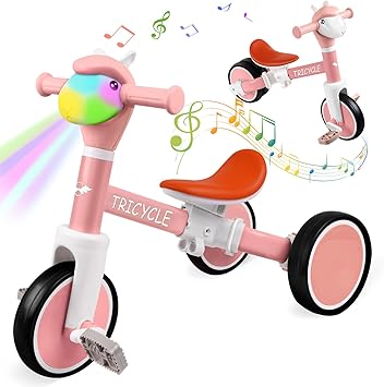 Toddler Balance Bike for Boys Girls, Tricycle for Toddlers 1-5 Year Olds, Toddler Tricycle with Light & Music Front, Kids Bicycle with Removable Pedal, Birthday Gifts for 1 2 3 4 5 Year (Pink)