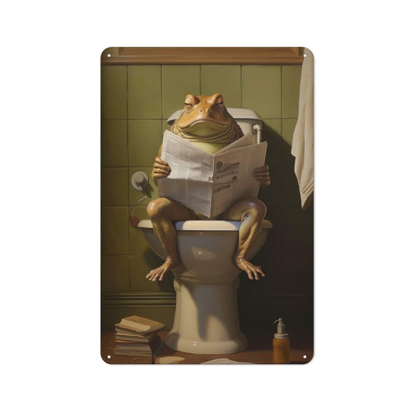 Junmoney Frog On Toilet Newspaper Metal Wall Sign 30X20cm Featuring For Pub Or Café, For Pub Decor Enthusiasts, For Retro Home Interiors