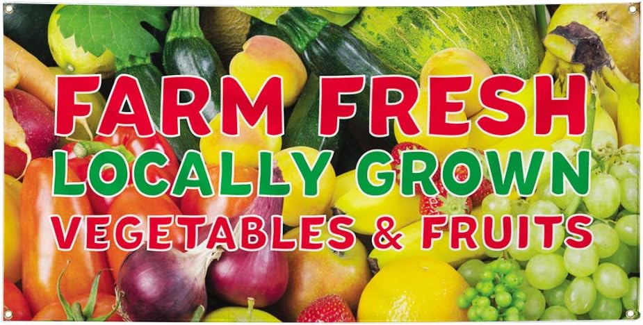 Vinyl Banner Sign Fresh Locally Grown Vegetables & Fruits Business Farm fresh products Outdoor Marketing Advertising Green - 16inx40in, 4 Grommets,