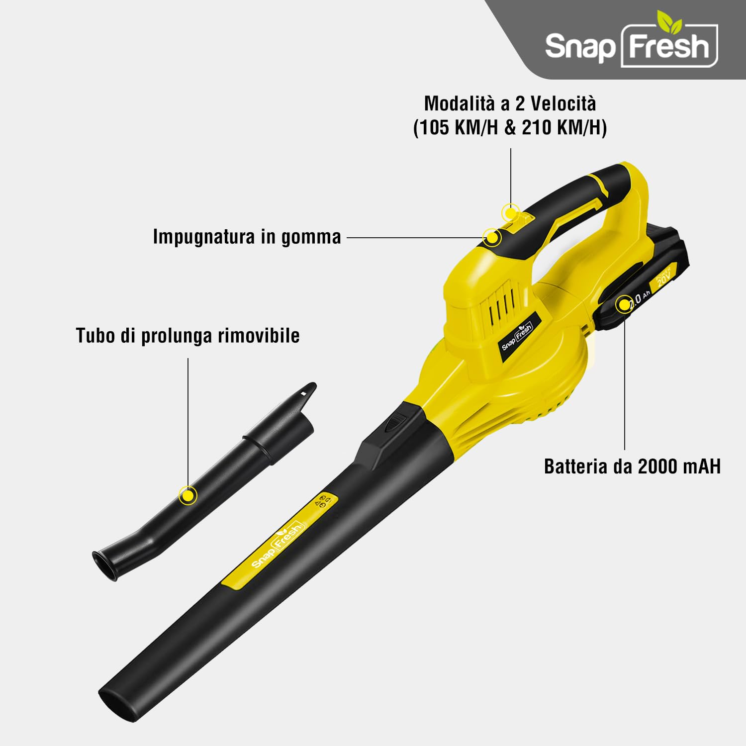 SnapFresh Soffiatore a Batteria 20V Soffiatore Elettrico Parkside Soffiatore per Foglie con Batteria e Caricabatterie 210 km/h 240m³/h / 2 Modalità /1,2kg per Foglie/Prato/Auto/Polvere (Giallo)
