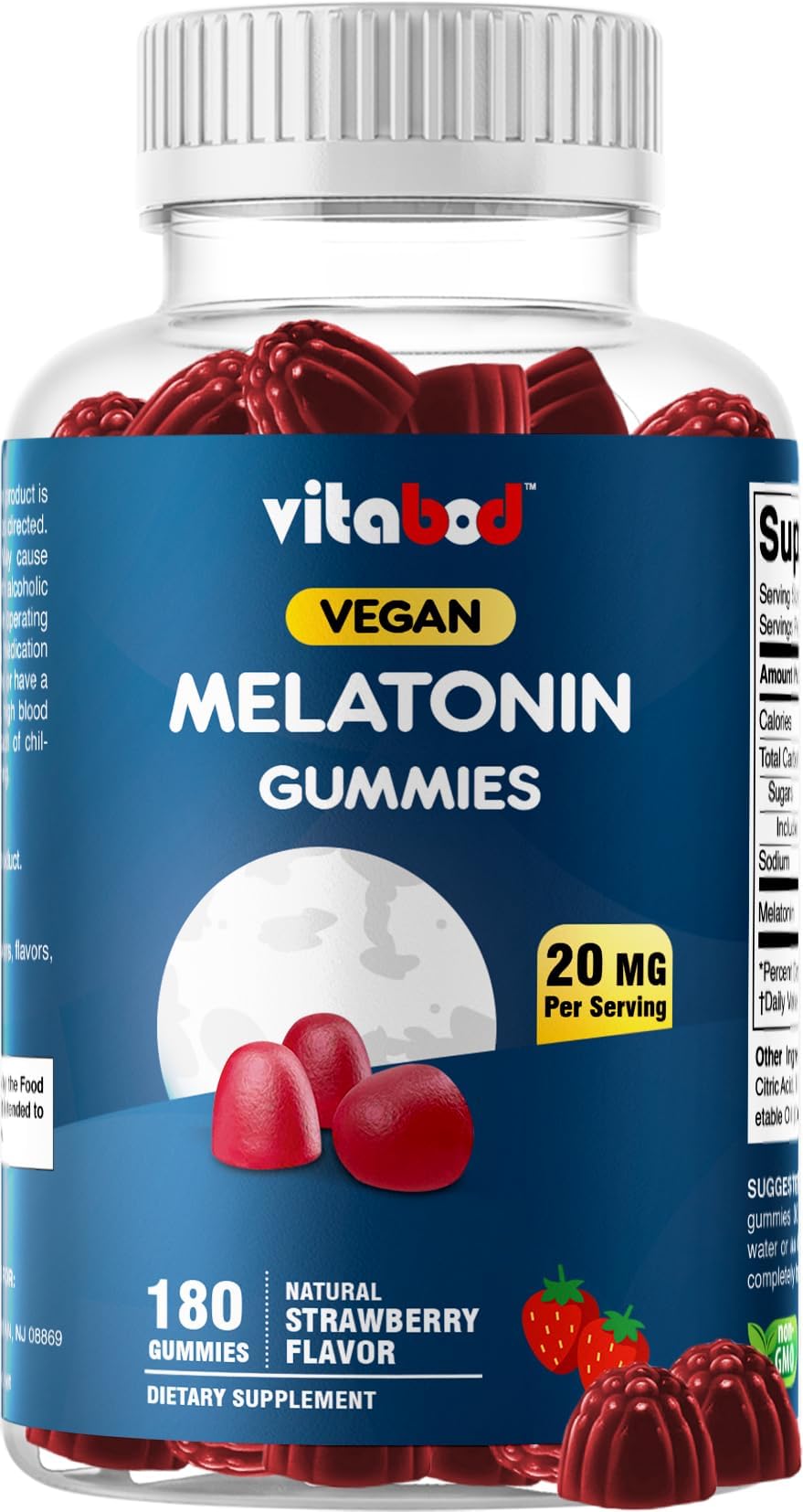 Vitabod Melatonin 20mg Gummies - 180 Count - Drug Free - Natural Strawberry Flavor - Vegetarian, Non-GMO, Gluten Free (1 Bottles)