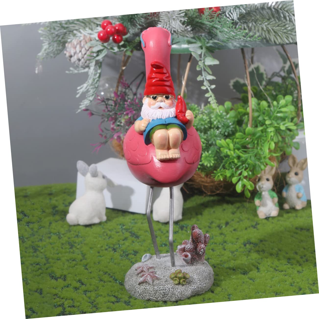 Milisten Statue de GNOME D'extérieur Allongé sur Flamant Rose en Résine
