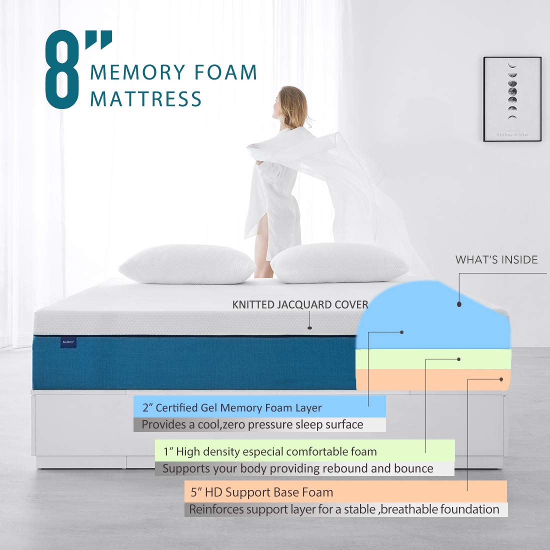 Queen Size Molblly Mattress, 8 inch CoolingGel Memory Foam Mattress in