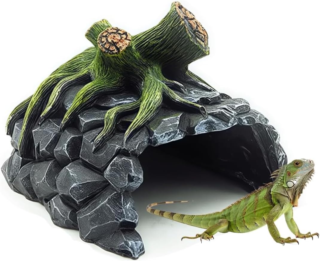 Reptile & Amphibian Habitat Hideouts, Resin Reptile Hides and Caves, Habitat Décor for Aquariums & Terrariums, Suits for Small Turtle, Gecko, Leopard, Lizards, Toad, Snakes and Fish (Rock, Large)