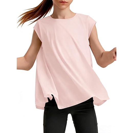 Haloumoning Girls Cap Sleeve Athletic Shirts Kids Summer Crewneck Oversized Workout Tops Gym Yoga Tees 5-14 Years