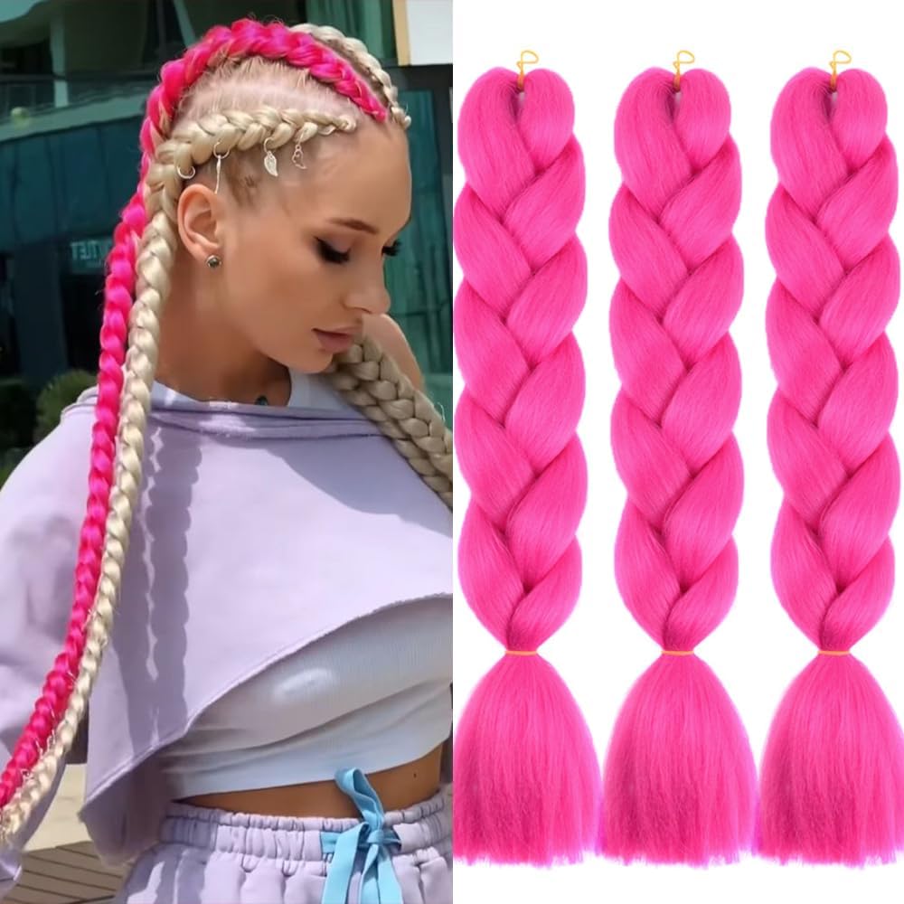 Pelo Para Trenzas Africanas 24" 3 Piezas/Lote Fucsia Color for Mujer Kanekalon Para Trenzas Pelo Sintetico Postizo Para Trenzas for Los NiñOs Rose Red Colors Braiding Hair Extensiones Trenzas