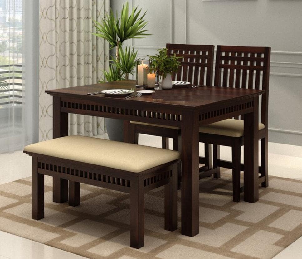 Image of Sheesham Wood 4 Seater Dining Table with 2 Cushioned High Back Chairs and 1 Bench for Living Room Wooden Dining Room Sets Furniture for Dinner Rooms & Hotels (Mahoghany Finish)