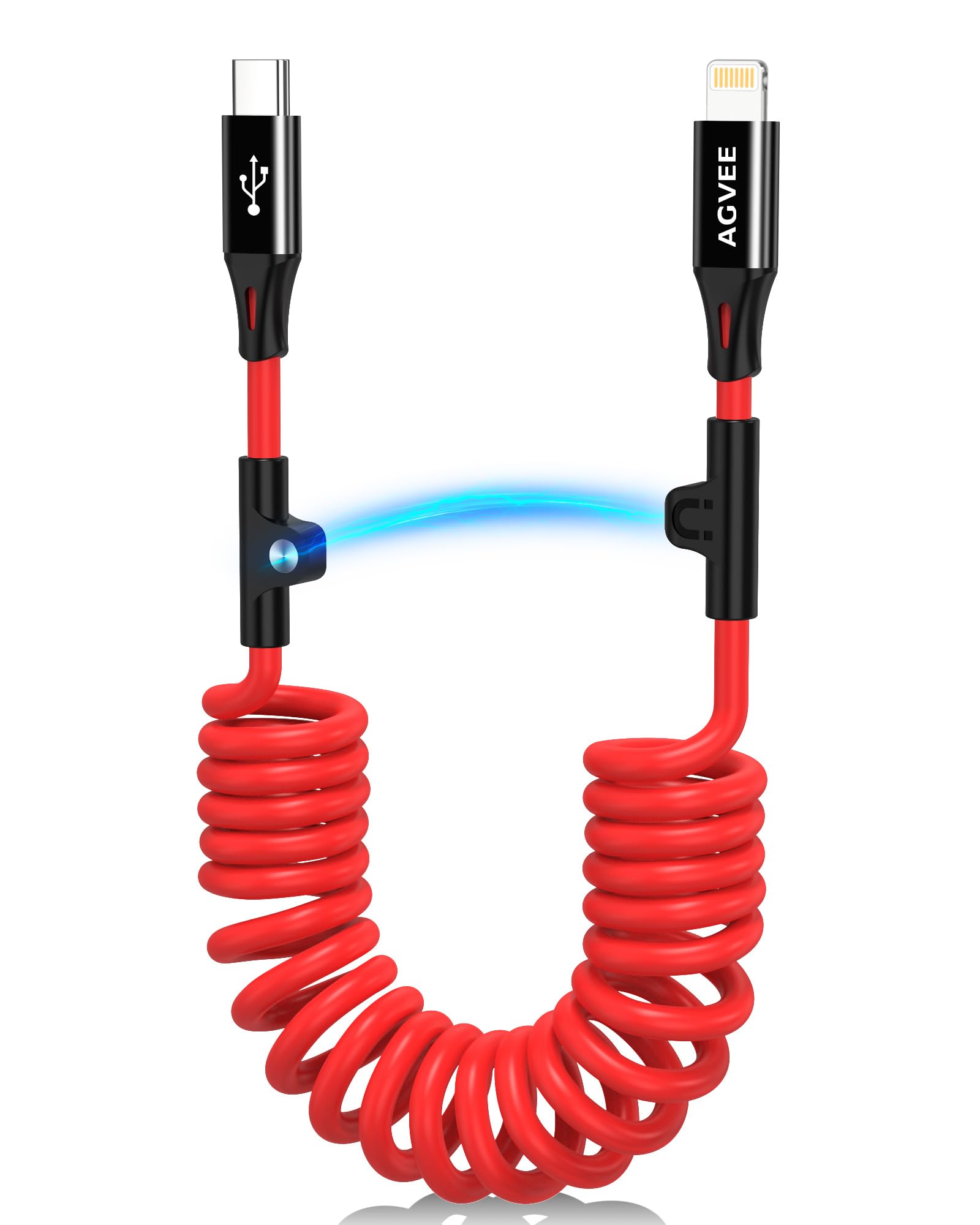 AGVEE 5ft Coiled USB-C to Lightning Cable [MFI Certified] Carplay | 30W PD Fast Charger Data Transfer Cord in Car for iPhone 14/13/12/11/XS/8/7/6/5,