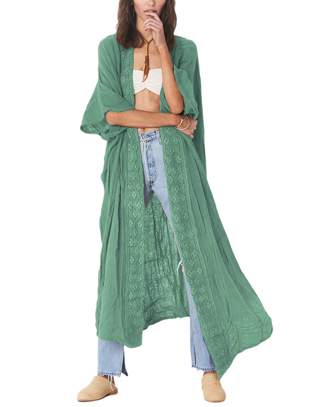 BsubseachEmbroidery Half Sleeve Open Front Kimono Beach Cover Ups for Women