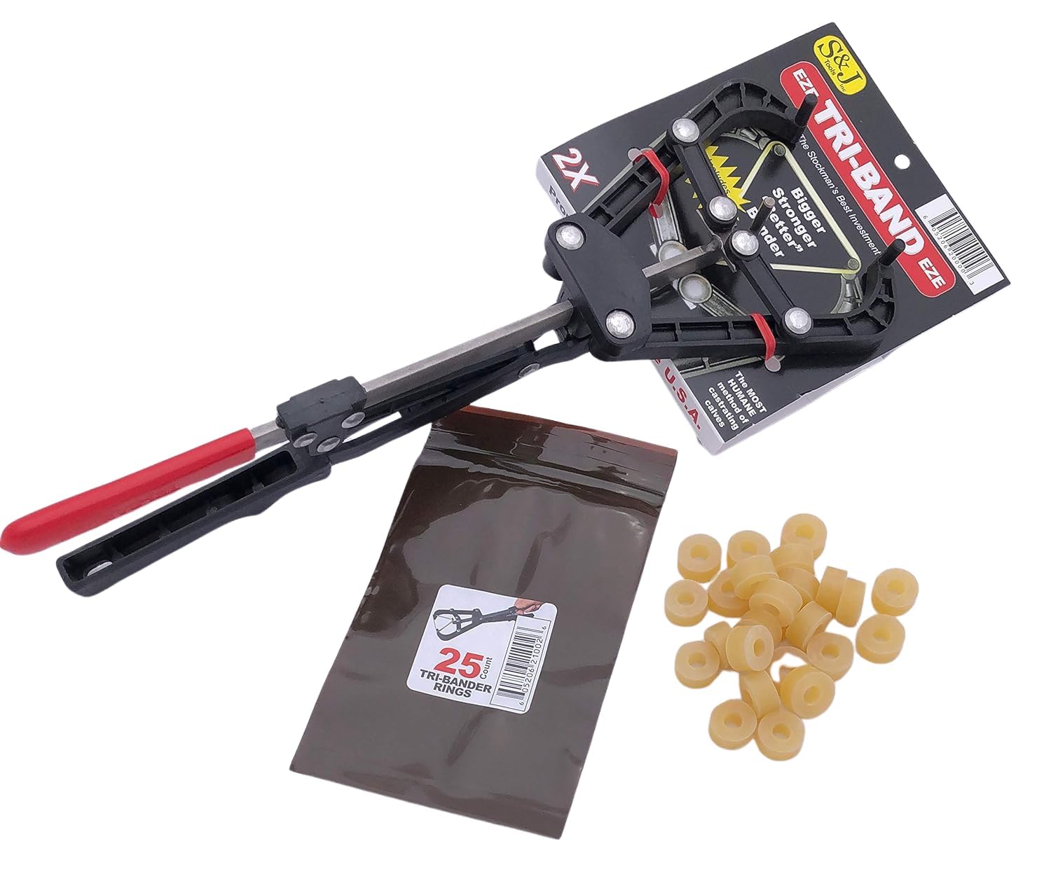 Tri-Band Cattle Banding Tool Kit. Stainless Steel Expander Pliers with 25 Bands for Cattle, Sheep, & Goats.