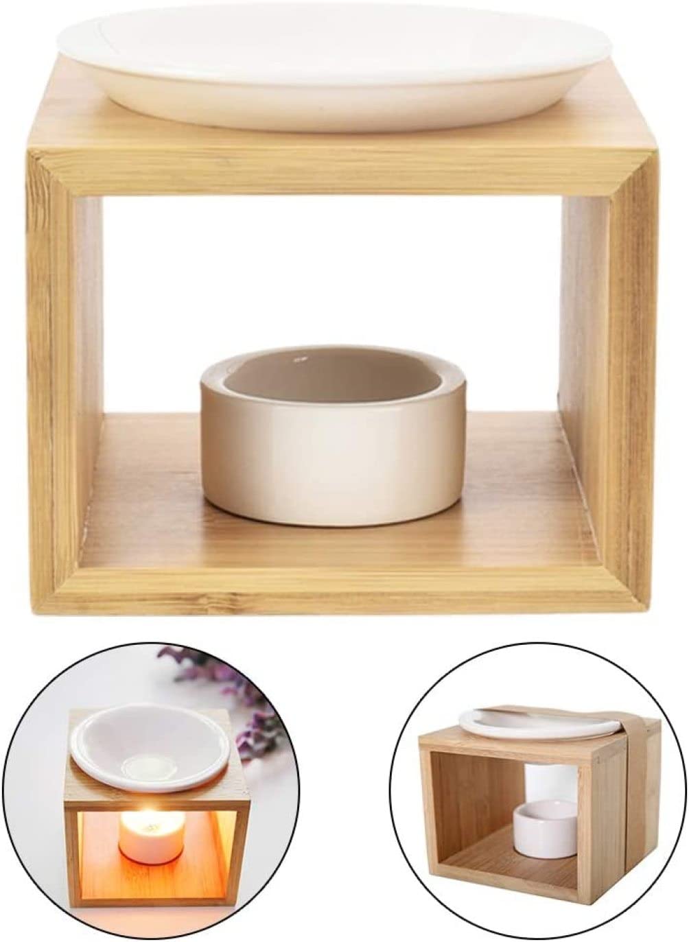 AAPIE Quemador de Aceite Esencial Creativo para el hogar, quemadores de Aceite de Madera de bambú para derretir Cera, Vela de cerámica, Adornos Decorativos para derretir Cera