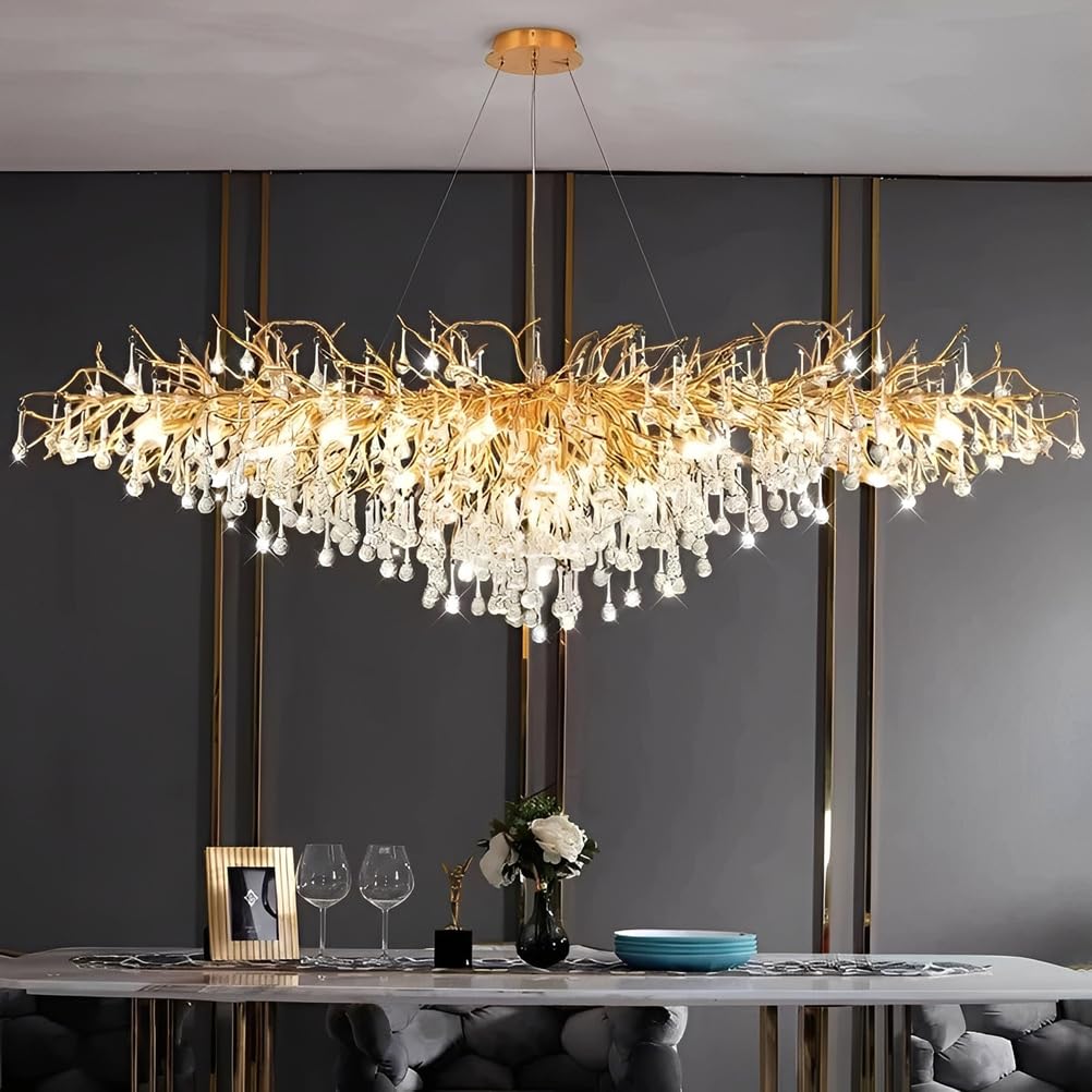 KXEcoLife Modern Crystal Chandelier Luxury Chandeliers Light Fixture Adjustable Aluminum Tree Branch for Dining Living Room, Bedroom, Bathroom, Foyer,Rectangular L120cm