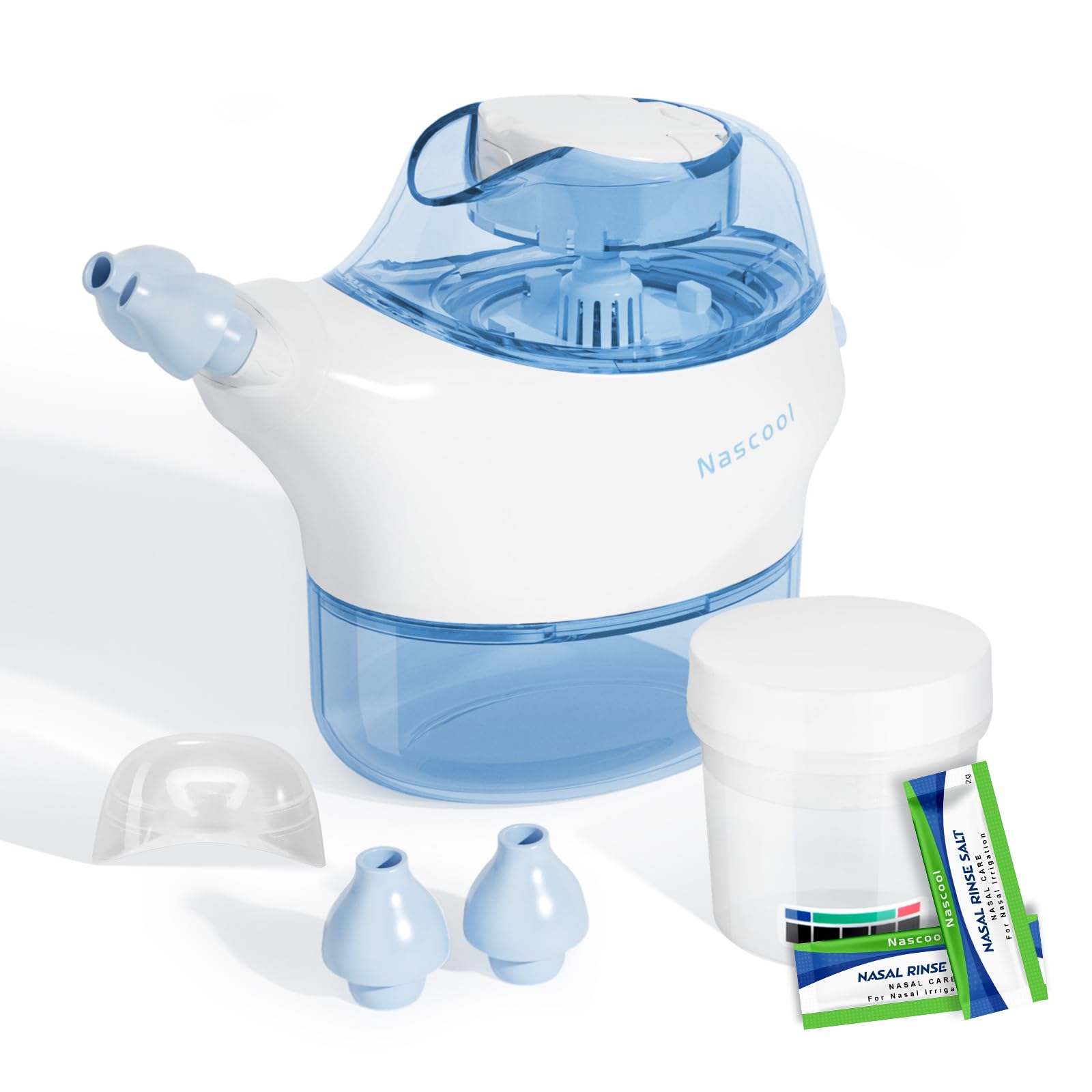Nascool Nasal Irrigation System: Neti Pot Electric Sinus Rinse Machine for Nasal Care, Nose Cleaner Device with 50 Salt Packets and a Measuring Cup, Suitable for Nasal Washing