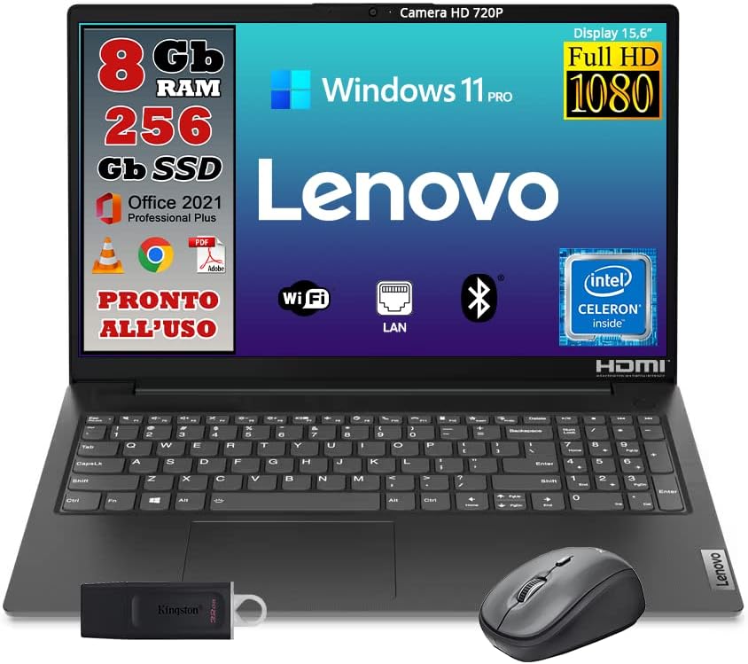 Lenovo Notebook Monitor 15.6 Full HD Intel Core N4500 fino a 2,8ghz Ram 8GB SSD 256GB Pacchetto Office Pro 2021 Windows 11 pro PRONTO ALLUSO - MOUSE WIRELESS e CHIAVETTA USB 32gb Lenovo Notebook Monitor 15.6 Full HD Intel Core N4500 fino a 2,8ghz Ram 8GB SSD 256GB Pacchetto Office Pro 2021 Windows 11 pro PRONTO ALLUSO - MOUSE WIRELESS e CHIAVETTA USB 32gb