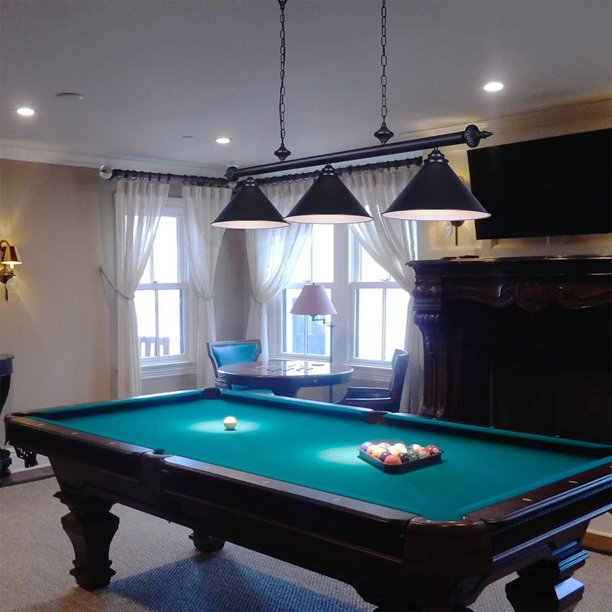 mirrea 59in Billiard Pool Table Light with Pull Chain Switch on Pendant Light Fixture 3 Lights with Matte Black Shade