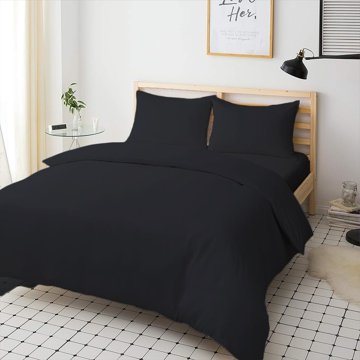 Sienna Shaun 4 Pc Bedding Set Duvet Cover Fitted Sheet And 2x Matching Pillow cases 100% Egyptian Cotton Available In 11 Vibrant Colours Single Double King Super King (Black, King)