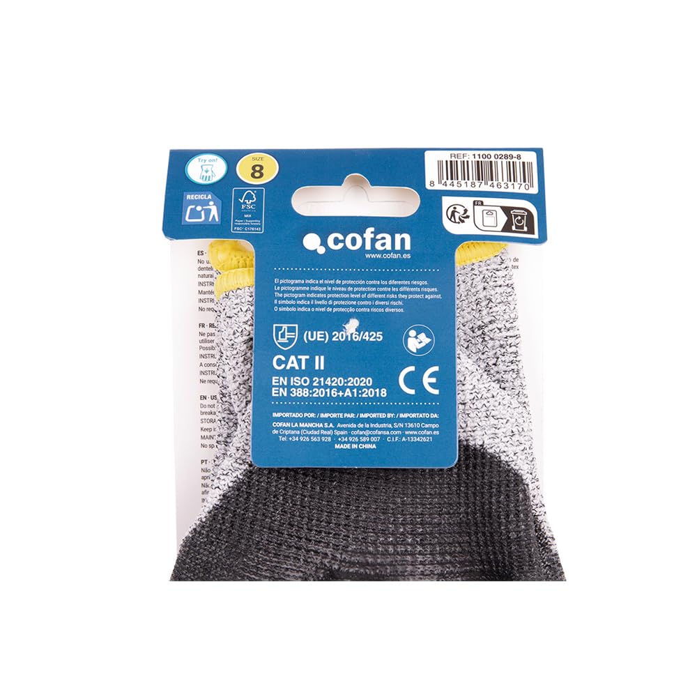 Cofan Gants anti-coupures ultra légers | Niveau D | HPPE + revêtement PU noir | EN 388 4X43D | Pack de 12 paires de gants ou format unitaire | Taille 7 | Protection mécanique (12, 7)
