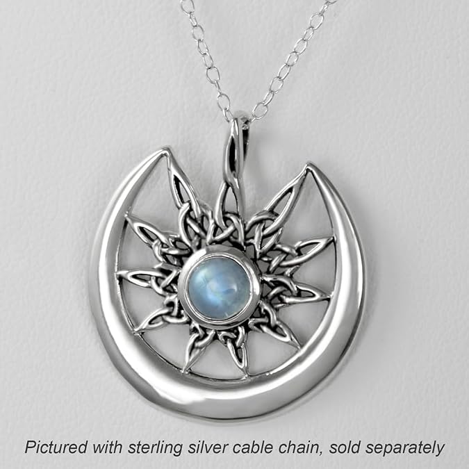 Moonlight Mysteries Celtic Sun and Moon Pendant - Sterling Silver Crescent Moon with Rainbow Moonstone Lunar Jewelry for Women (1 Inch Diameter)