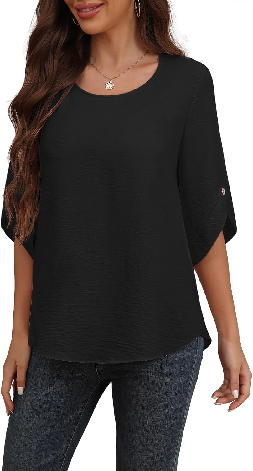 Askyes Women's 2026 Summer Chiffon Blouses Bell Short Sleeve Tshirts Casual Loose Flowy Dressy Work Tops for Leggings Blouse - Image 3