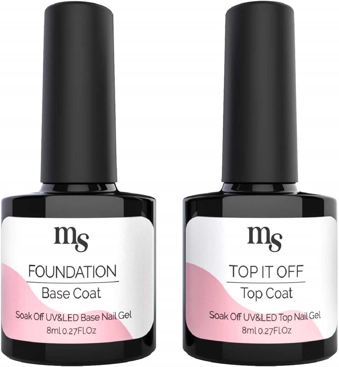 MelodySusie Gel Base and No Wipe Top Coat Set - Long Lasting, Shiny Finish, Soak Off LED Gel Nail Lacquer for Color Gel, Polygel, Dip Powder, Manicure, Pedicure, 2 x 8ml