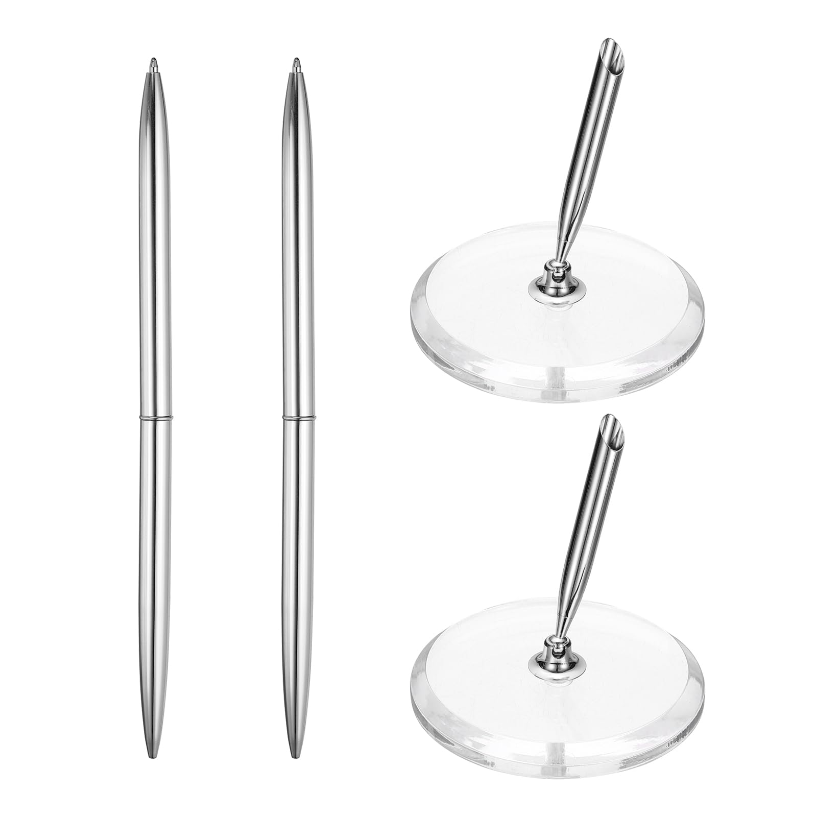 PATIKIL 2Pcs Wedding Pens, Guest Book Pen Set with Acrylic Round Base Stand for Wedding Reception Guest Sign in Ceremony Engagement, Silver