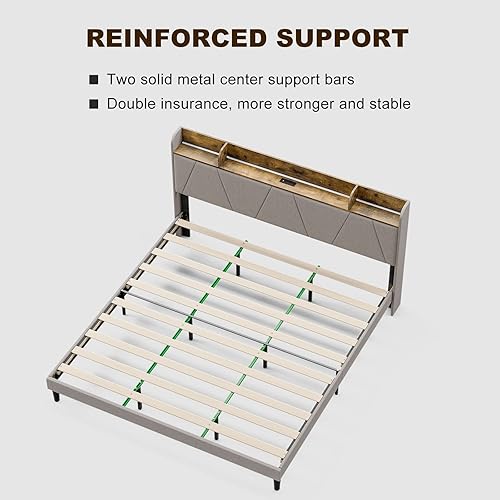 Vista 26 de IKIFLY Base de cama individual XL con cabecera de estante de almacenamiento y estación de carga, cama de plataforma tapizada con luces LED, listones