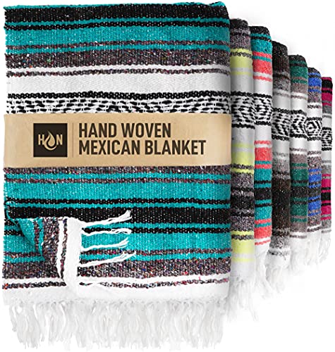 Authentic Extra Large Mexican Blanket - 70x50 Handwoven Yoga Serape Artisanal Falsa Beach Camping Picnic Outdoor Blanket (Emerald)