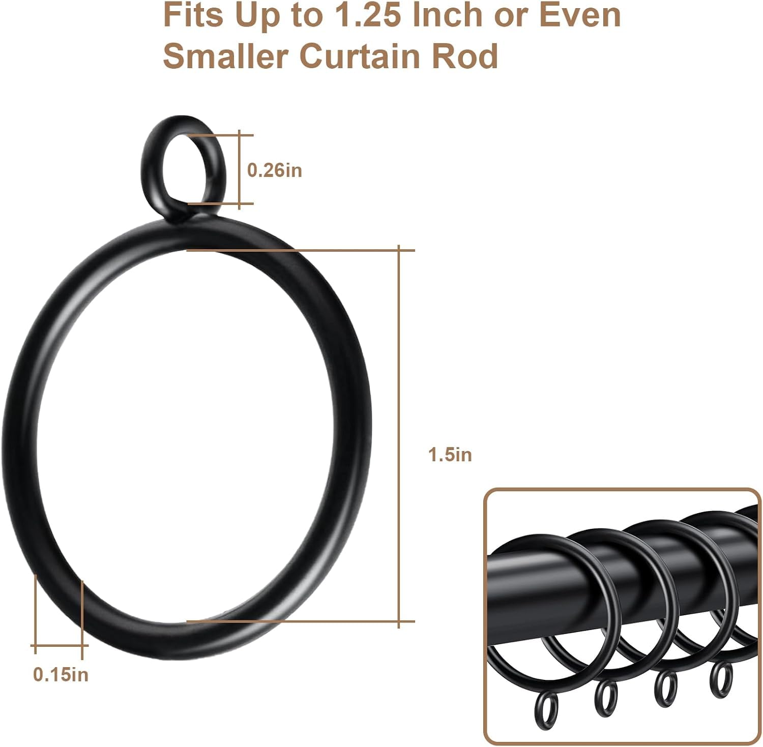 Vorhangringe, Metall, mit Ösen, 3,8 cm Innendurchmesser, Gardinenringe für Gardinenstangen (passend für Gardinenstangen bis zu 3,2 cm), Schwarz, 200 Stück