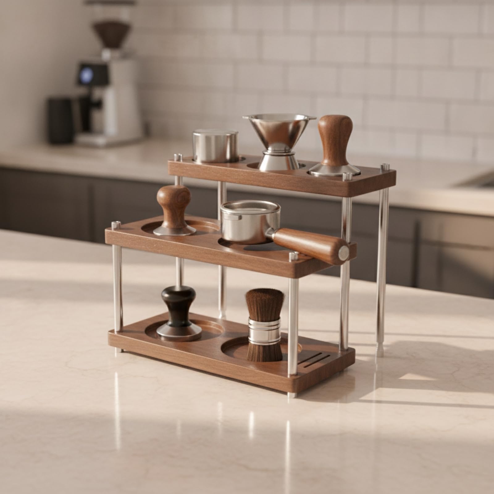 Supporto per Stazione caffè con Ripiani in Legno E Acciaio Inossidabile Organizzatore Multilivello con Alloggiamenti Circolari Adatto per Piano Cucina E Uso Domestico