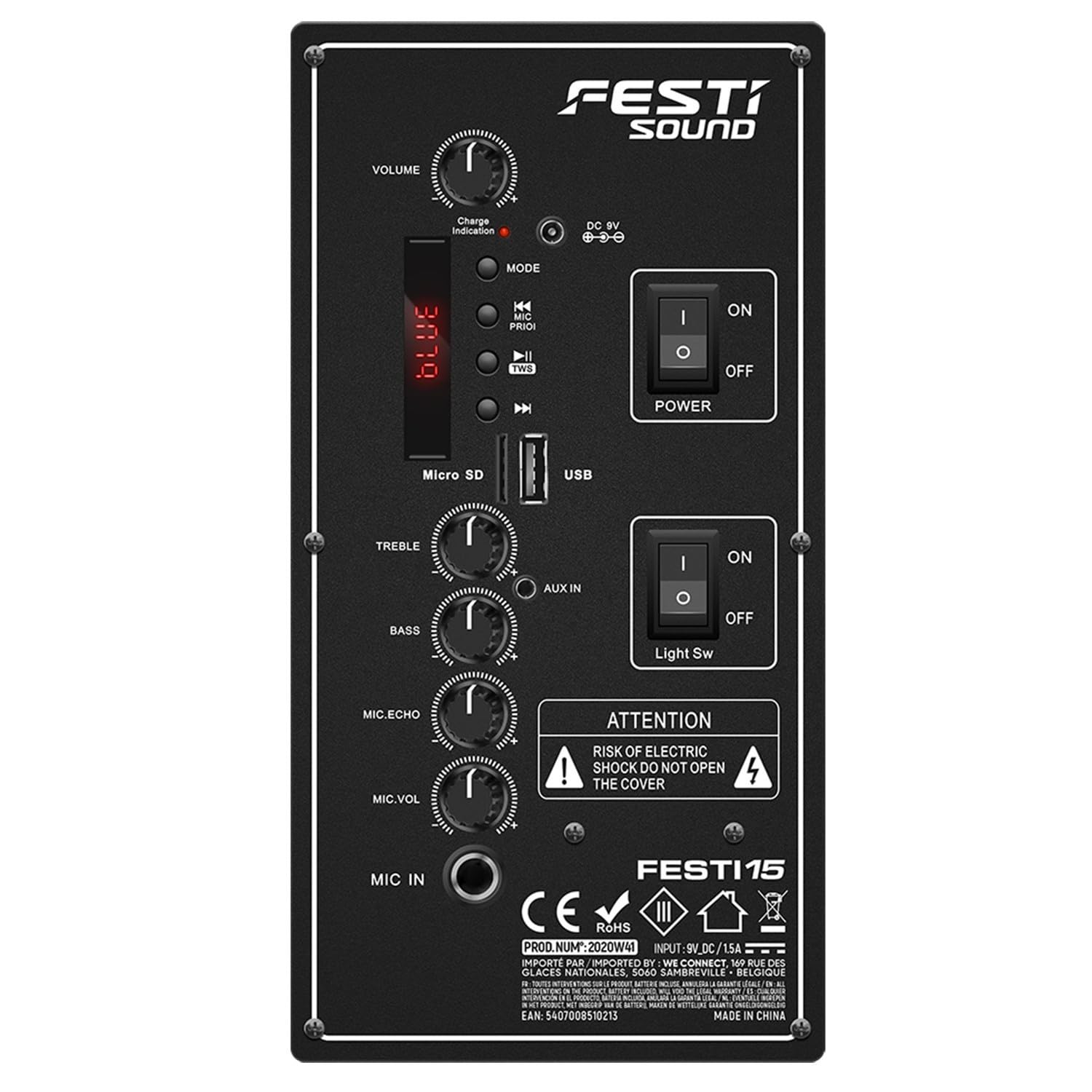 Enceinte Active - FestiSound FESTI15-15" 38CM - 700W - sur Batterie - Effet Ring LED - USB SD Bluetooth TWS - 2 Micros