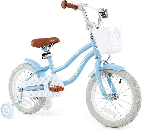 Miniatura 11 de COSTWAY Bicicleta para niños de 12, 14, 16, 18 pulgadas, bicicleta para niños con ruedas de entrenamiento, frenos de mano y posavasos, sillín y