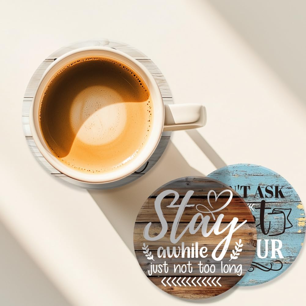 ANATTASOUL Coasters Set of 9 Funny Phrase Pattern Colorful Wooden Coasters Bulk Round Housewarming Gift for New Home, 3.9" Decorative Coffee Table Protection for Farmhouse Bar House Decor - Image 2