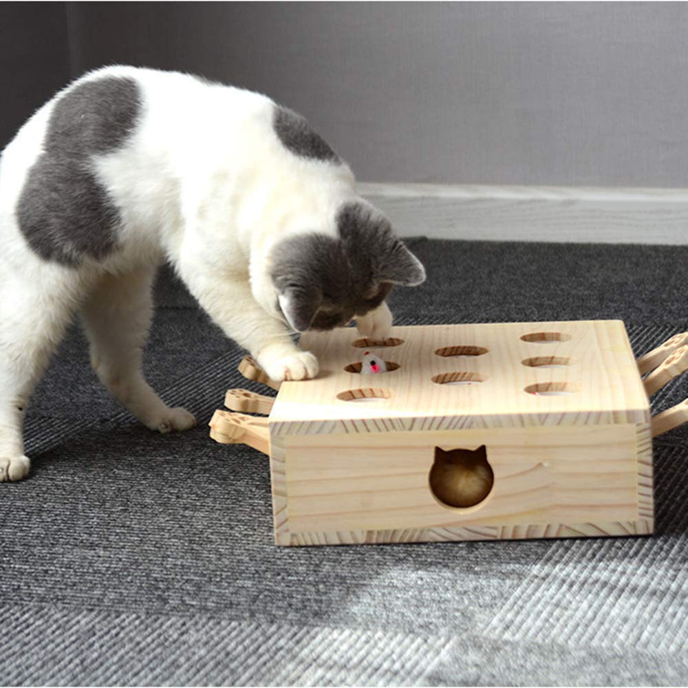 DjfLight Interaktives Haustier Katzenspielzeug, Holz, Spielzeug, Maulwurf Maus, Puzzle Box mit süßen Cartoon Spielzeugen für Katzen, Jagd, Spielen, Trainieren, Kratzen – 8 Löcher,A