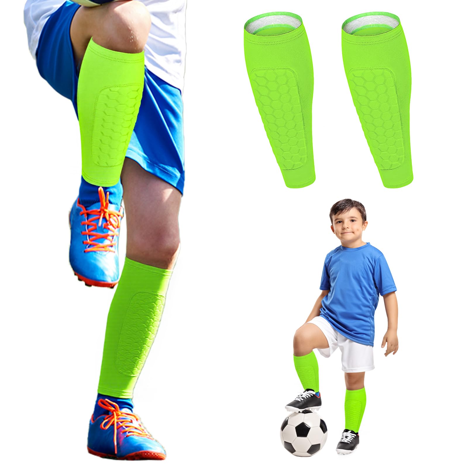 NOLTUQER Honeycomb Compression Sleeve Football Shin Guards for Kids Youth Adult, Soccer Defender Pads with Superior Impact Absorption, Breathable, Lightweight(Green,M)