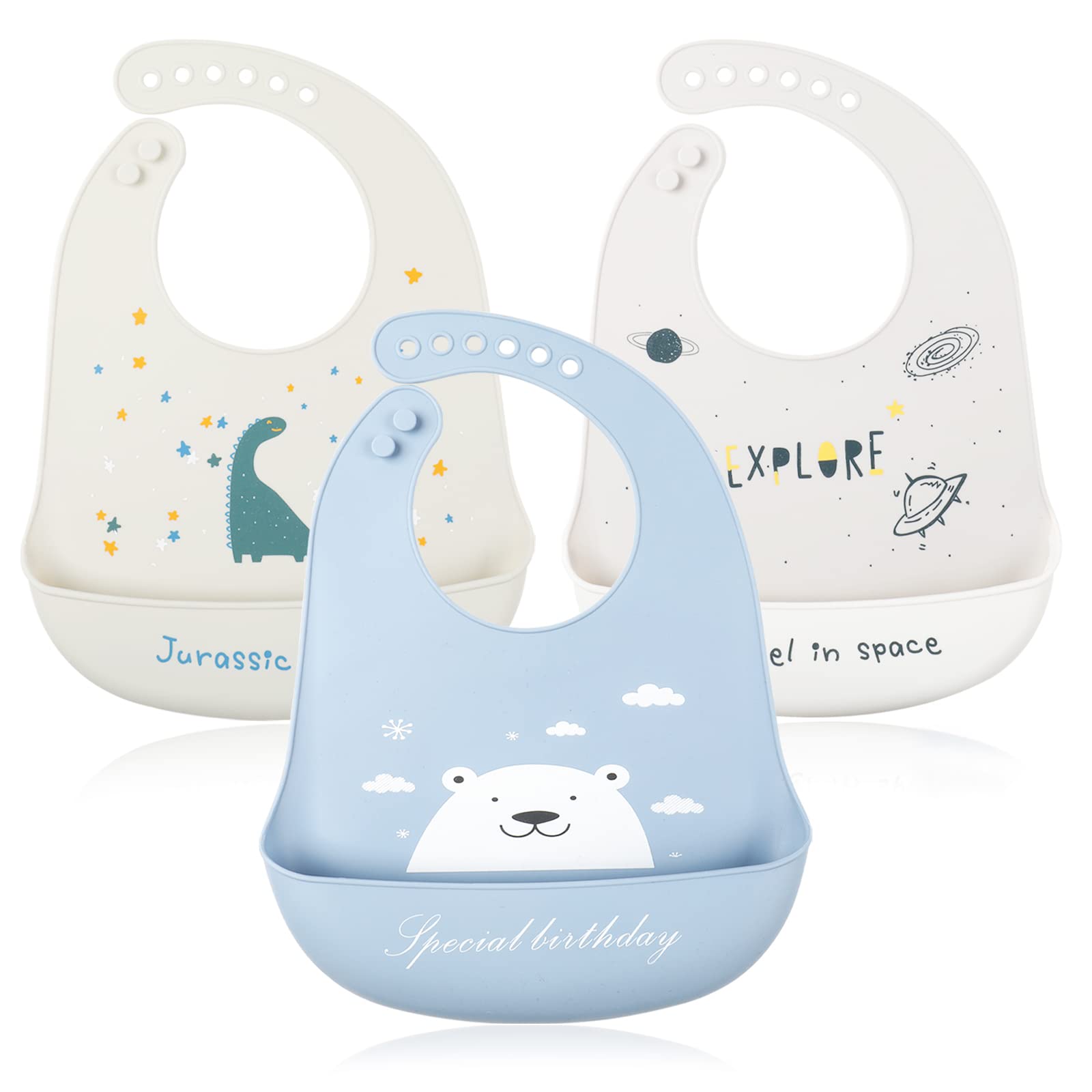 YINGJEE Baby Silicone Feeding Bibs, 3pcs Adjustable Waterproof Bibs for Feeding