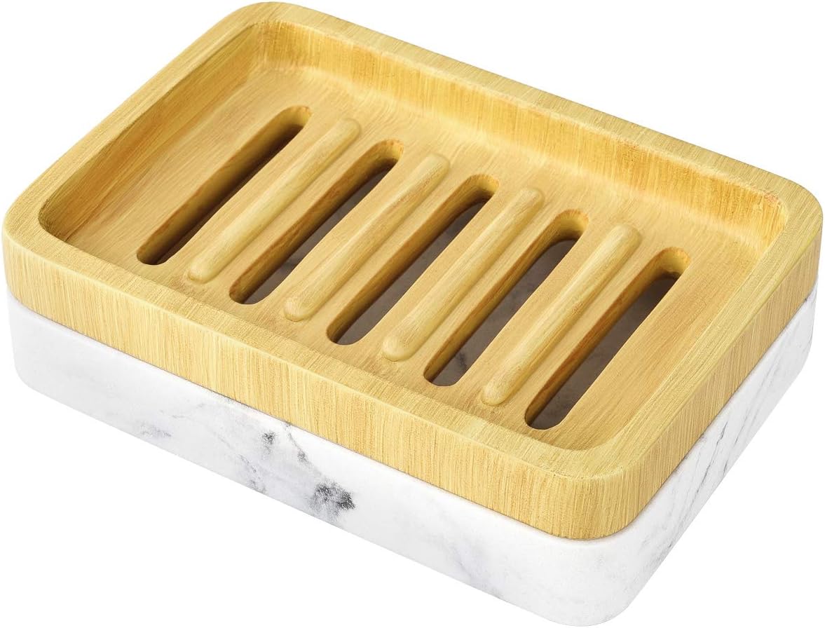 MoKo Soap Dish, Dual-Layer Resin Bar Soap Tray Container Box Case Holder with Detachable Slotted Draining Board Small Tray for Bathroom Kitchen Shower Bathtub Sinks Counter-top - White Marble: Home & Kitchen