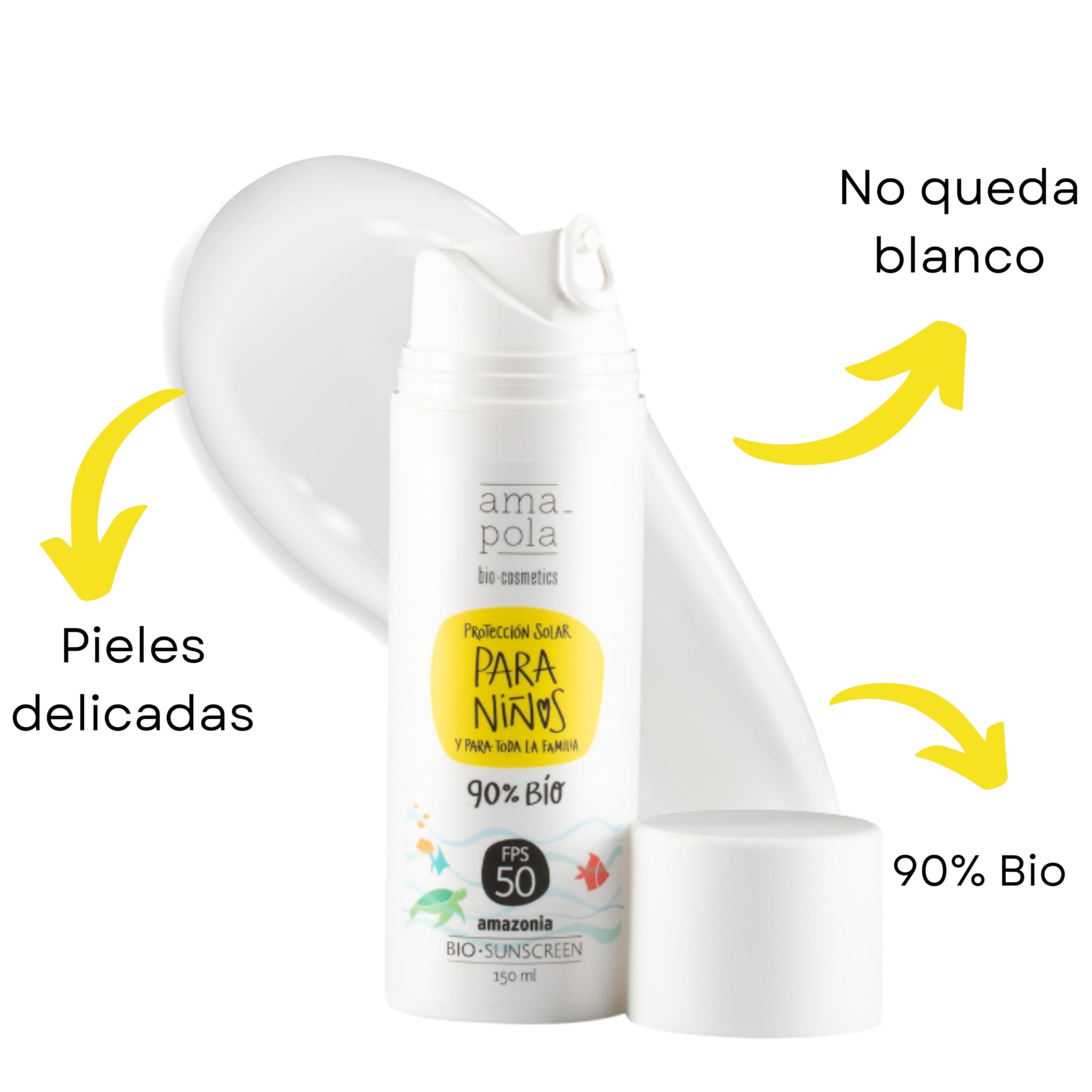 AMAPOLA BIO Protector Solar Infantil - 90% Bio - No Queda Blanco - Fácil de Extender - FPS 50 - Protección Solar Mineral Orgánica Certificada - UVA y UVB (150 ml)